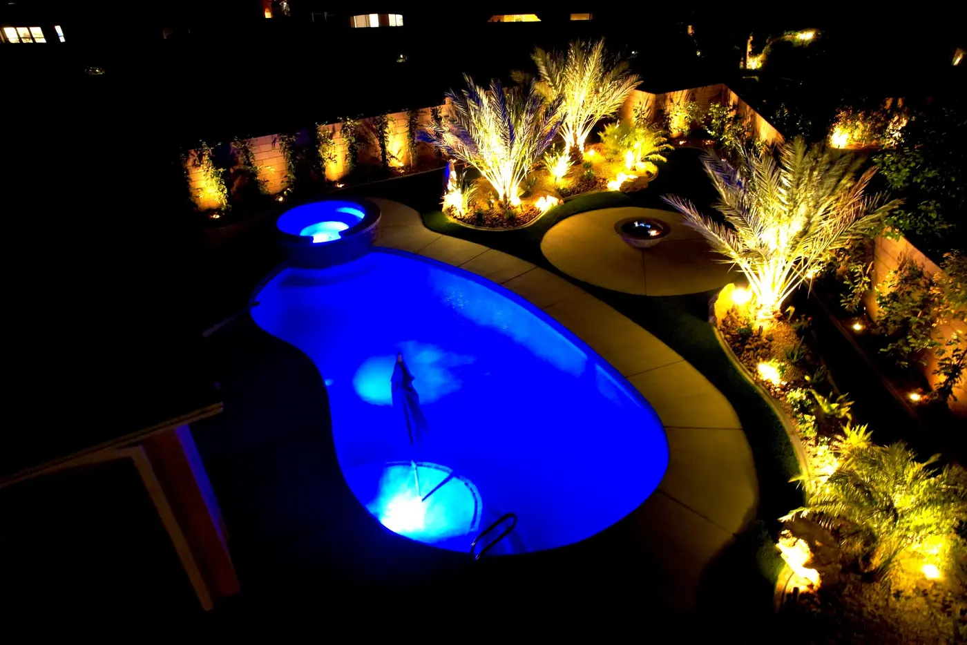 Deep blue freeform pool lit among desert plants at night
