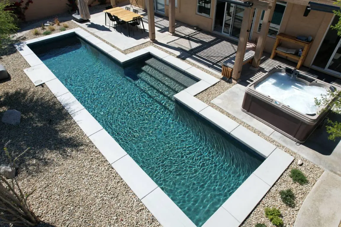 Aerial of a long lap pool and spa