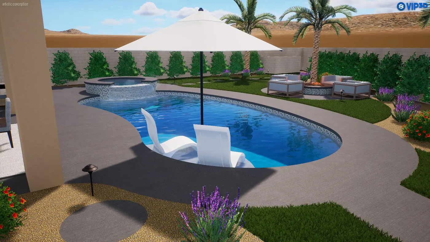 Render 3D de una piscina de forma libre con área de descanso dentro del agua